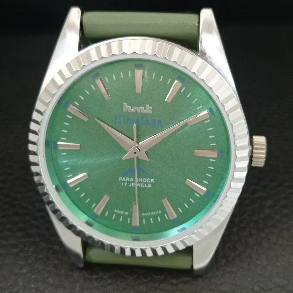 Vintage 1985 HMT Manual Wound Mens Silver Watch & Green accents